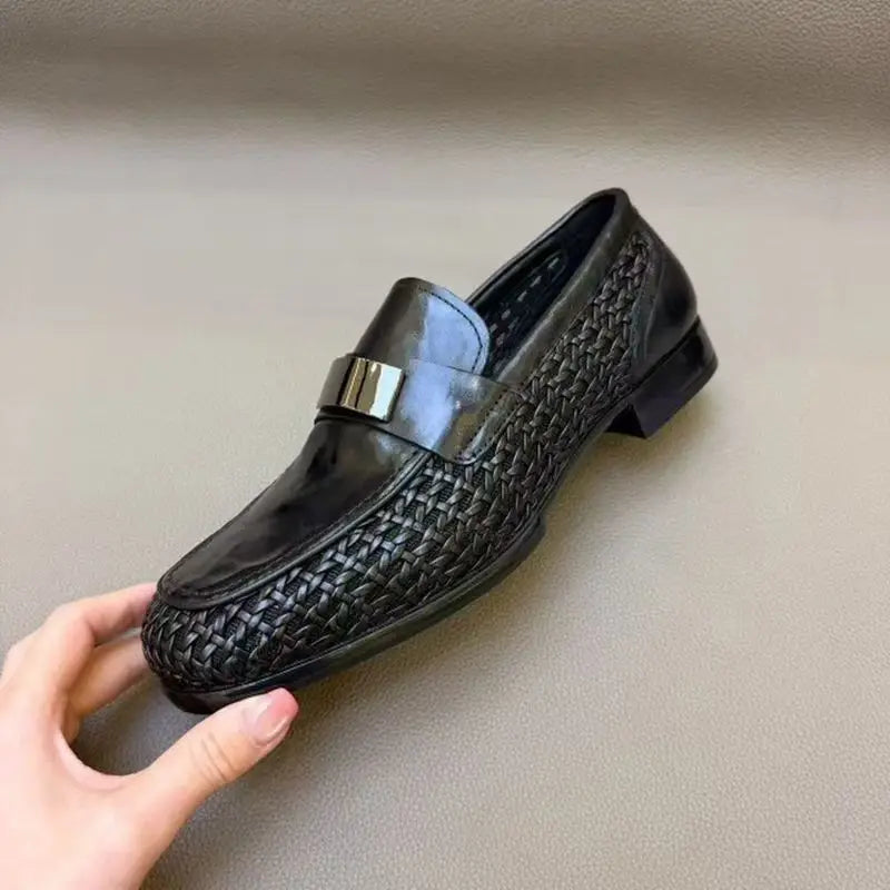 2026 Summer New Hallow Leather Shoes for Man Black Woven Breathable Elegant Shoes Man Fashion Business Loafers Male