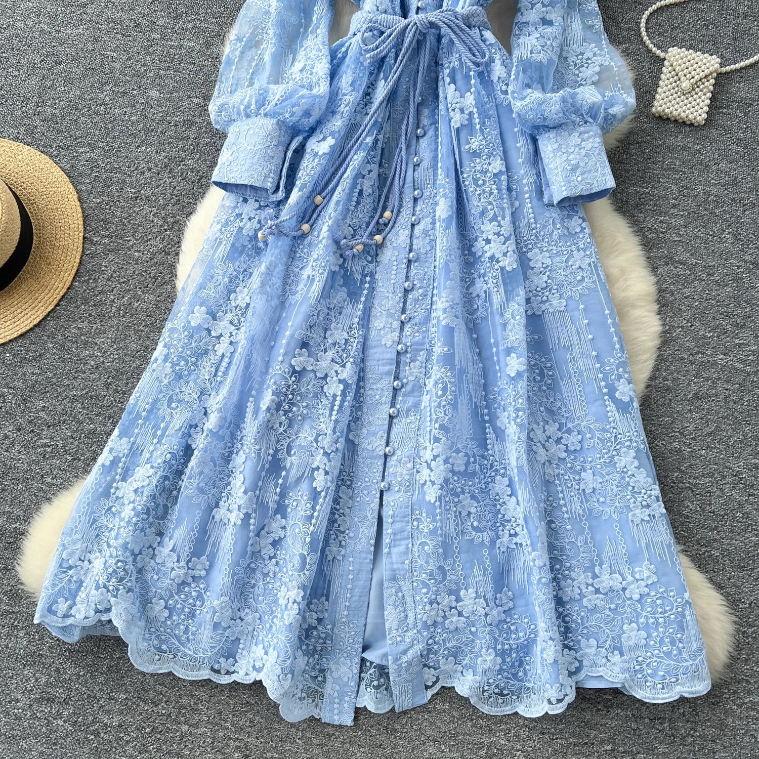 High-End Women's Dress Heavy Embroidery A-Line Long Skirt V-Neck Lantern Sleeve Single Button High Waist Korean Style Commute