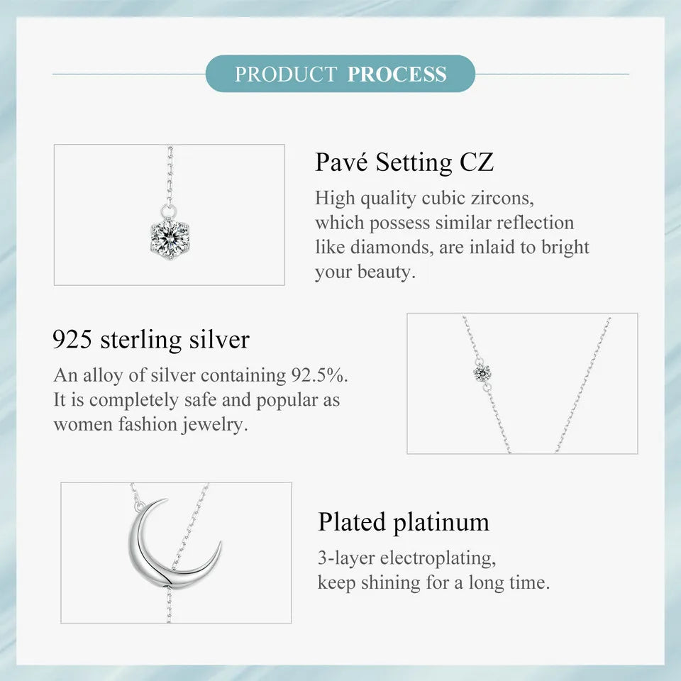 925 Sterling Silver Y-Shape Moon Pendant Necklace Water-drop Zircon Neck Chain for Women Anniversary Gift Fine Jewelry