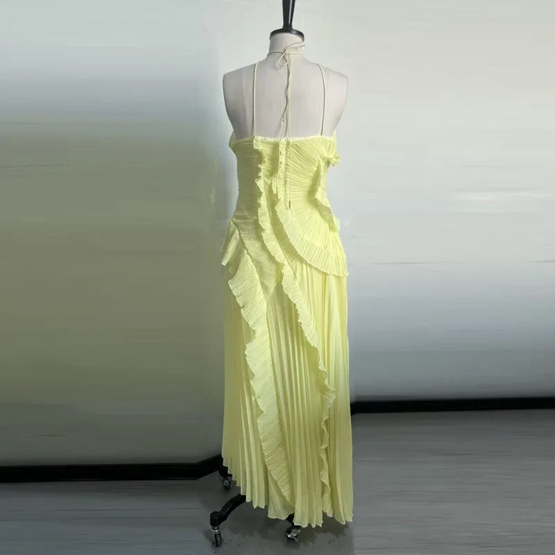 Elegant Neck Strap Ruffles Evening Gown Solid Folds A Line Lace Up Backless Sexy Party Dress 2025 New Party Vacation Y2k Robe