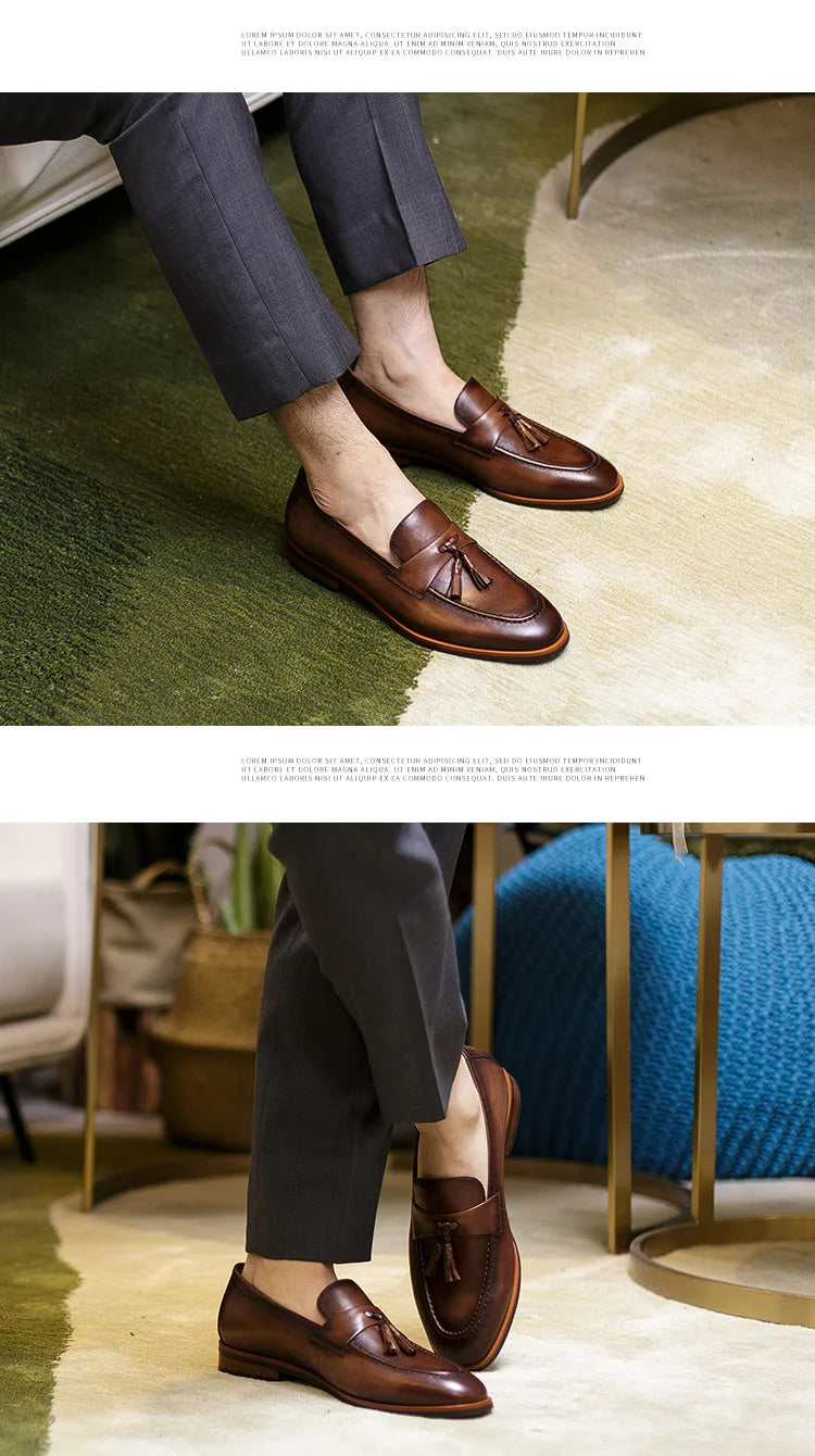 High-end Quality Retro Men's Shoes Fashion Casual Leather Shoes Head Cowhide Tassel Loafers Men Moccasins Italian Large Size 46