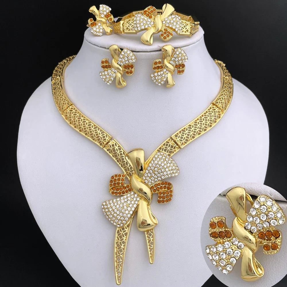 Italy 18k Gold Plated Women Jewelry Set Classic Design Bowknot Necklace Earring Bracelet And Ring 4PCS Set Jewelry Wedding Party