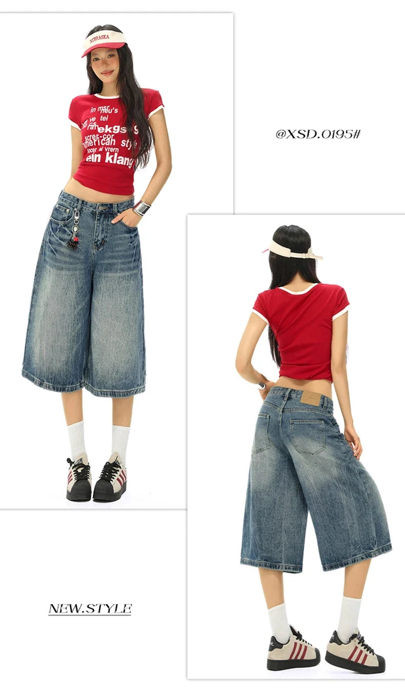 Vintage Washed Loose Straight Leg Denim Capri Men Women Lightning Print Streetwear Shorts