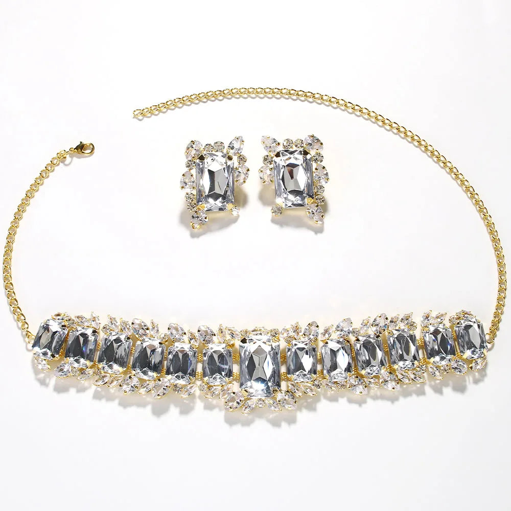 Bride Crystal Necklace Earrings Set Bridesmaid Wedding Jewellry Two Pieces Choker Necklace Prom Costume Jewelry Sets