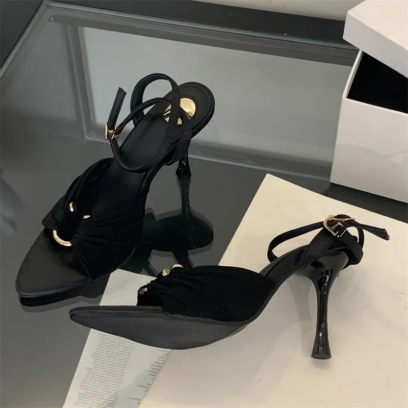 Sexy Pleated Hollow Out Buckle Strap Women Sandals Summer Pointed Toe Thin High Heels Banquet Party Female Shoes