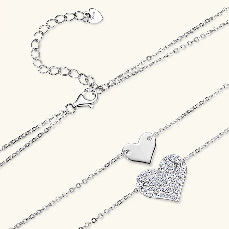 Collar Plata 925 Sterling Silver Heart Pendant Necklace 1.5mm&1.3mm Moissanite Necklaces For Women Double Chain Jewellry