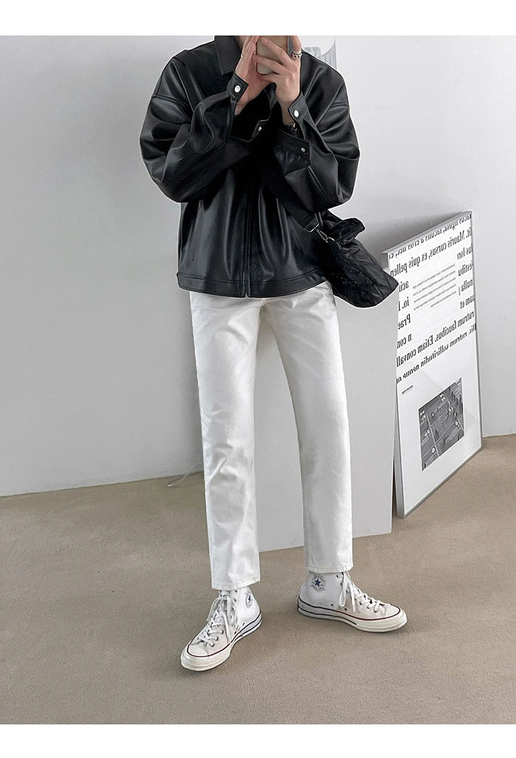 Spring Autumn Cool Luxury Short Black Soft Light Pu Leather Jacket Men Zipper Casual Mens Jackets and Coats Fashion