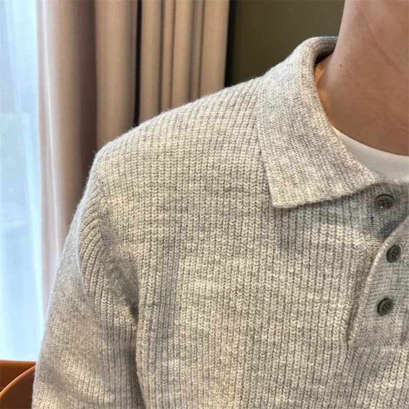 Mens Knit Sweater Autumn Winter Pullover Korean Soft Heavyweight Knit Polo Sweaters Minimalist Long Sleeve Solid Casual Top