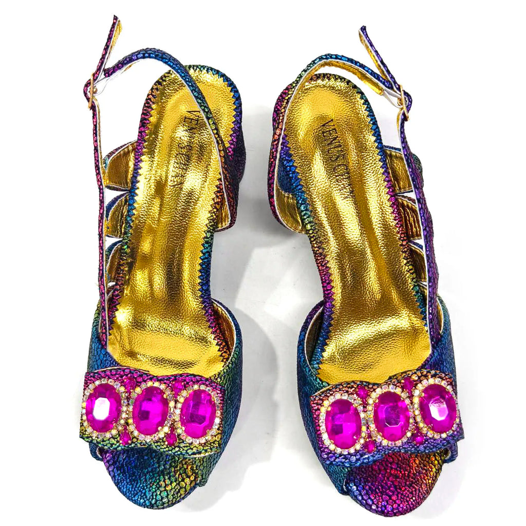 Shiny Peep Toe Women Chunky Heel Fashion Rhinestone Decoration Shoes And Bag Set