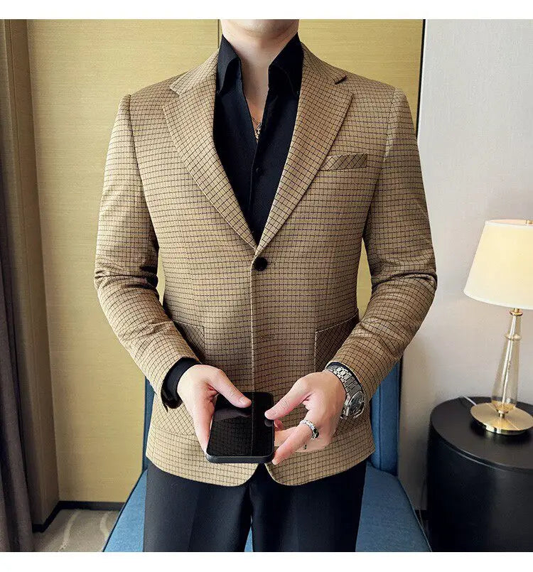 Men's Elegant Grid Suit Jacket 2026 Spring New Fashion Slim Blazer Jackets Social Prom Dress Jacket Men's High Quality Clothing