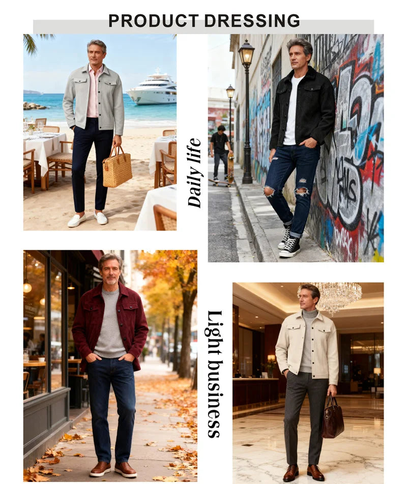Men's Polyester Brushed Jacket, Lapel Button/Zipper Coat with Pocket, Comfortable Casual Autumn Winter Office Business Wear