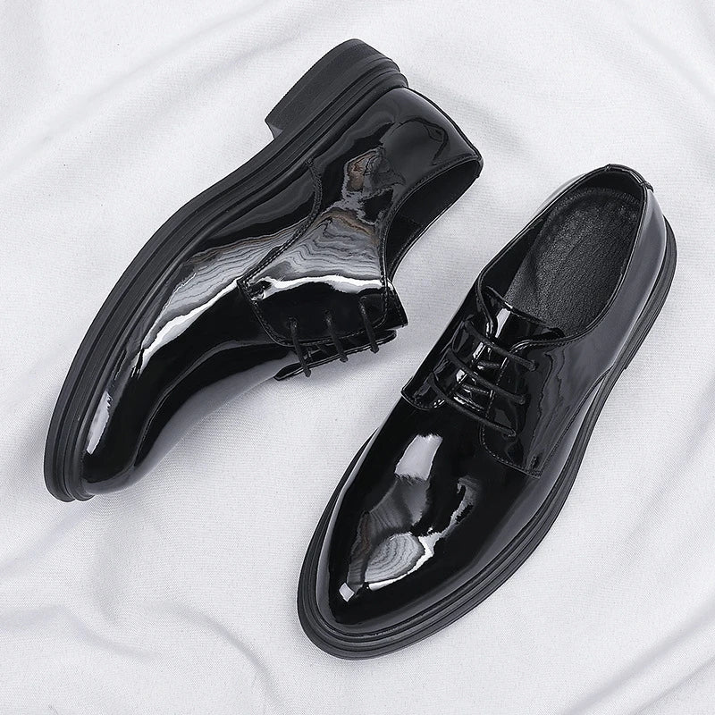 Mens Black Patent Leather Lace Up Dress Shoes With Thick Sole Platform Block Heel Formal Business Wedding Party Office Work Shoe