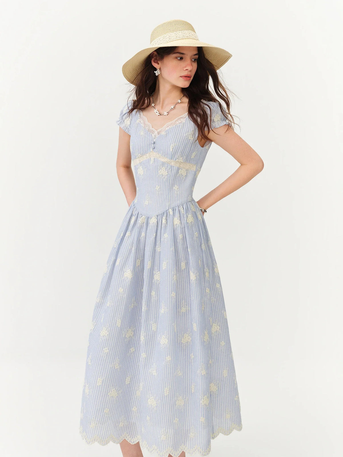 2026 Summer Cotton Gauze Blue Stripe Floral Embroidery Midi Dress French Farmhouse A-line Flowy Shift Coastal Cottagecore