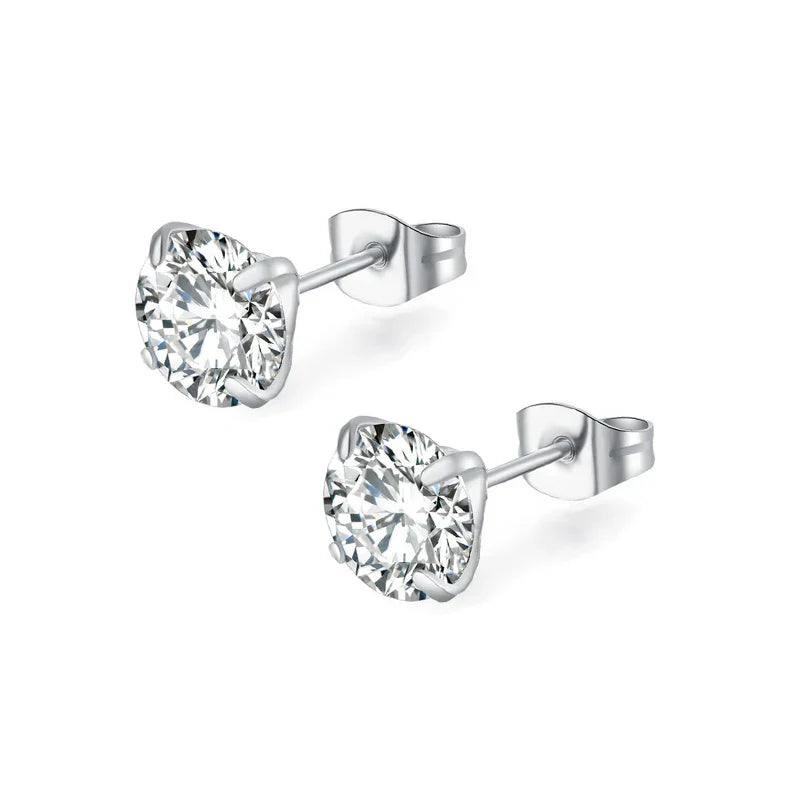 Stainless Steel 5 Style CZ Zircon Silver Color Earrings For Women Men Crystal Screw Titanium Alloy Ear Studs Round Beads Jewelry