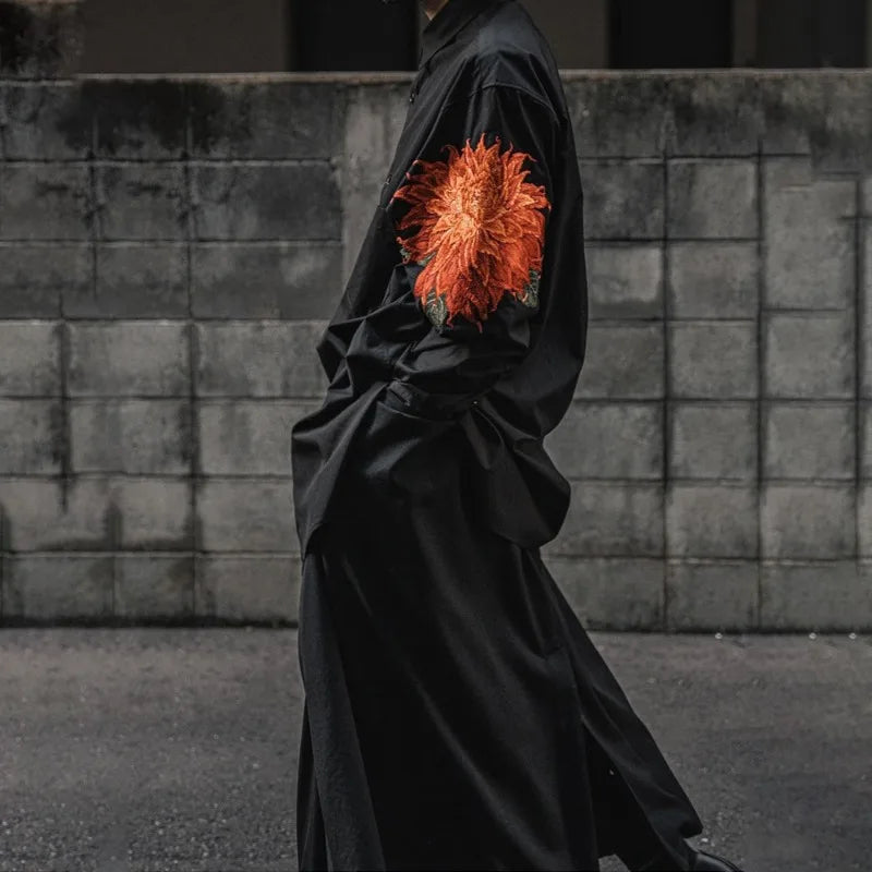 Red Flower Shirt Men Japanese Elongated Dark Embroidered Floral Top