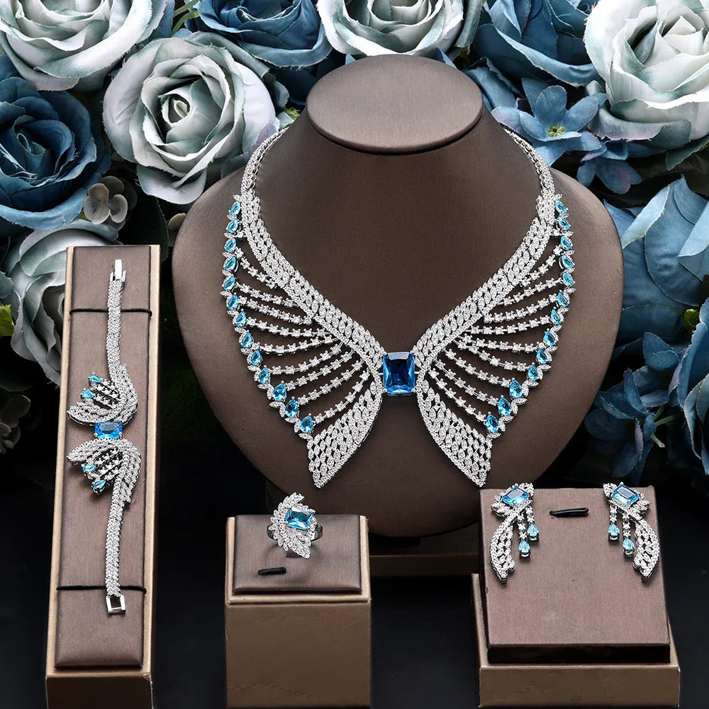 2025 Popular 4-piece Bridal Zirconia Full Set Women's Party Jewelry, Luxury Dubai Nigeria CZ Luxury Crystal Wedding Necklace Set