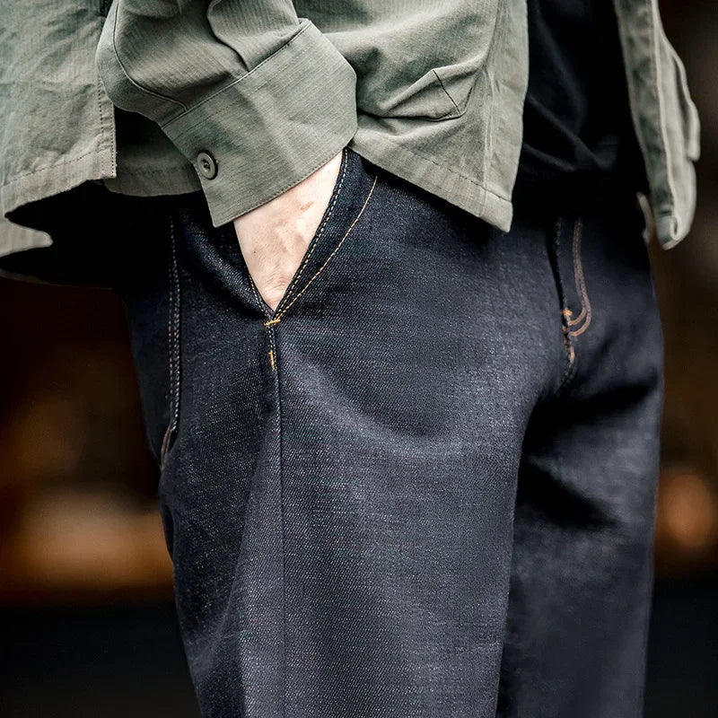 Maden Vintage 13.5OZ Selvedge Raw Denim Jeans Cotton Straight Denim Pants Men's Heavyweight Blue Zip Fly with Pockets Trousers