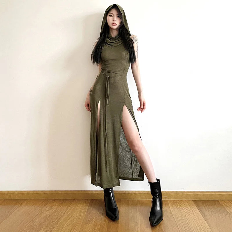 Summer 2023 Sexy European And American Style Sleeveless Hooded Dress Long Split Hollow out Pure Color Women's Gown