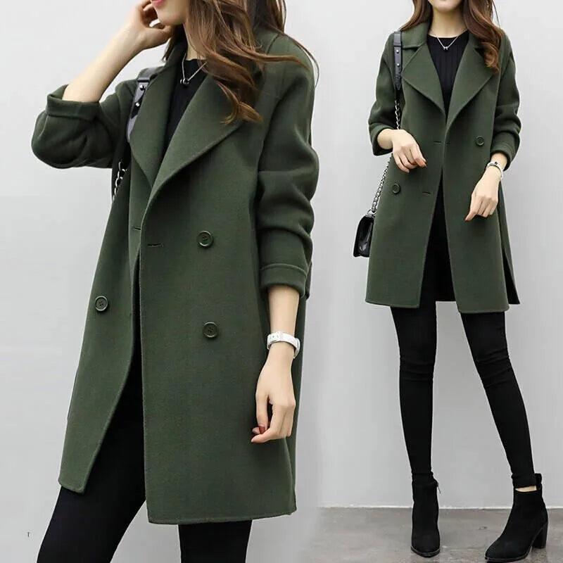 2025 Autumn/Winter New Women's Medium-Length Woolen Jacket Loose-Fit Slimming Double-Row Buttoning Overcoat