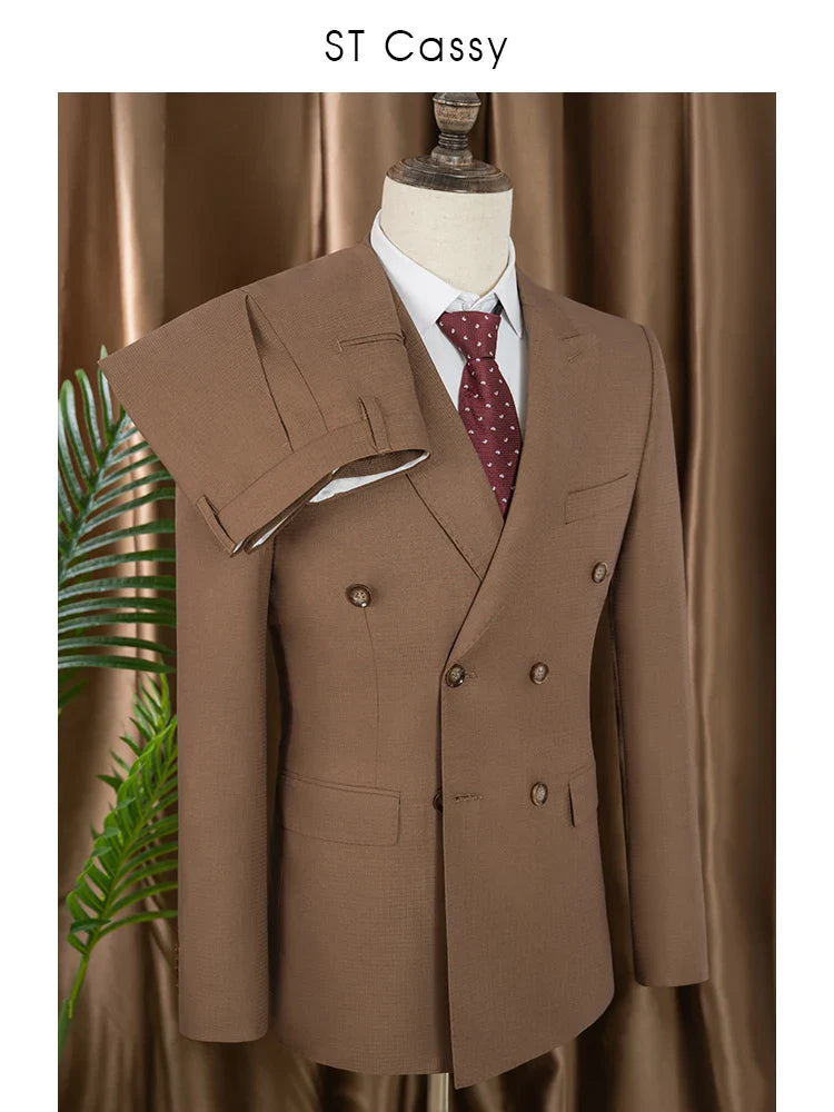 Elegant brown Double Breasted Suit Set 2 Piece Business Wedding Outfit Classic Stylish Blazer Pants Modern Trendy