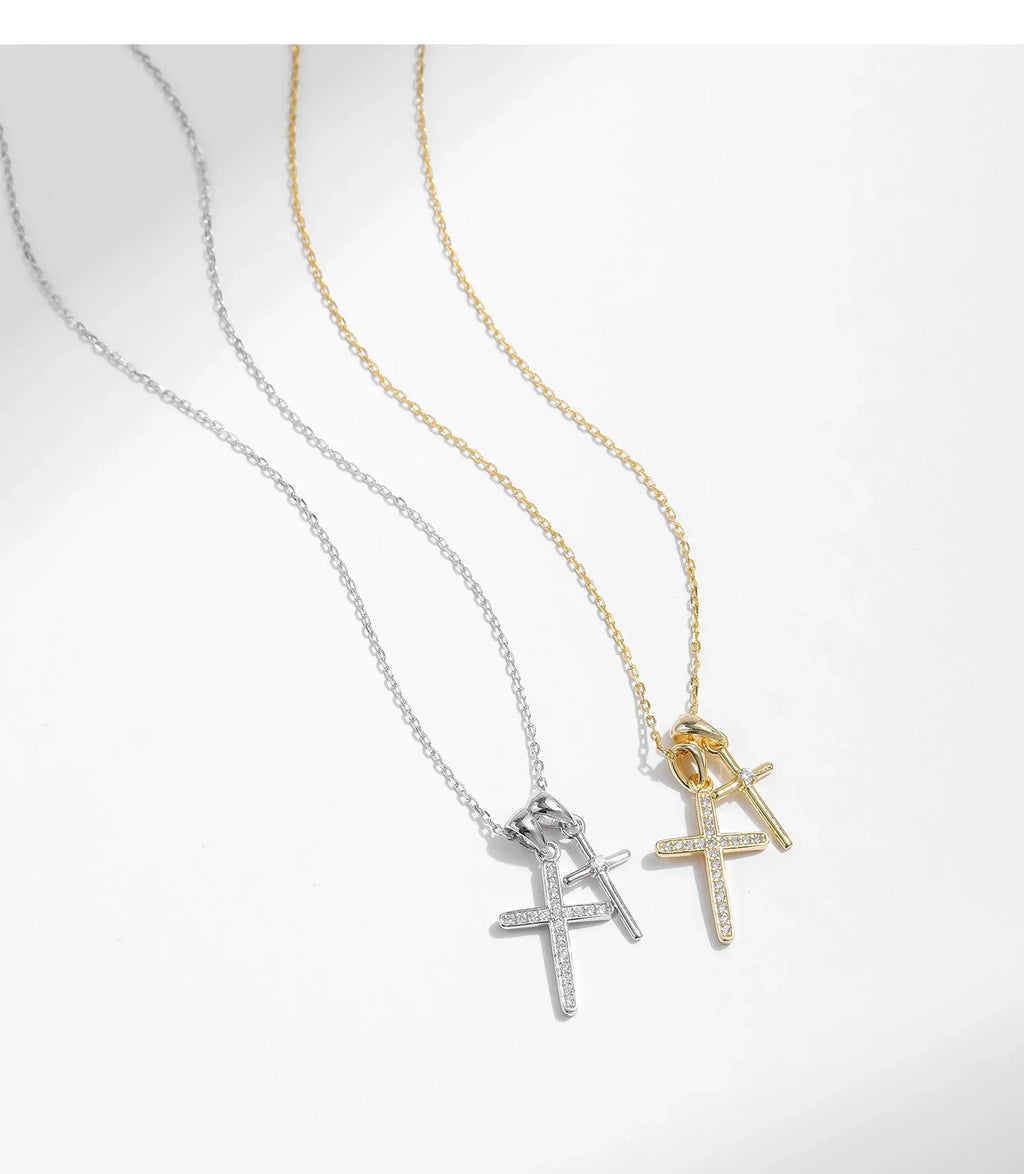 925 Sterling Silver Classic Delicate Double Cross Zircon Link Chain Pendant Necklace For Women Fine Jewelry Gifts