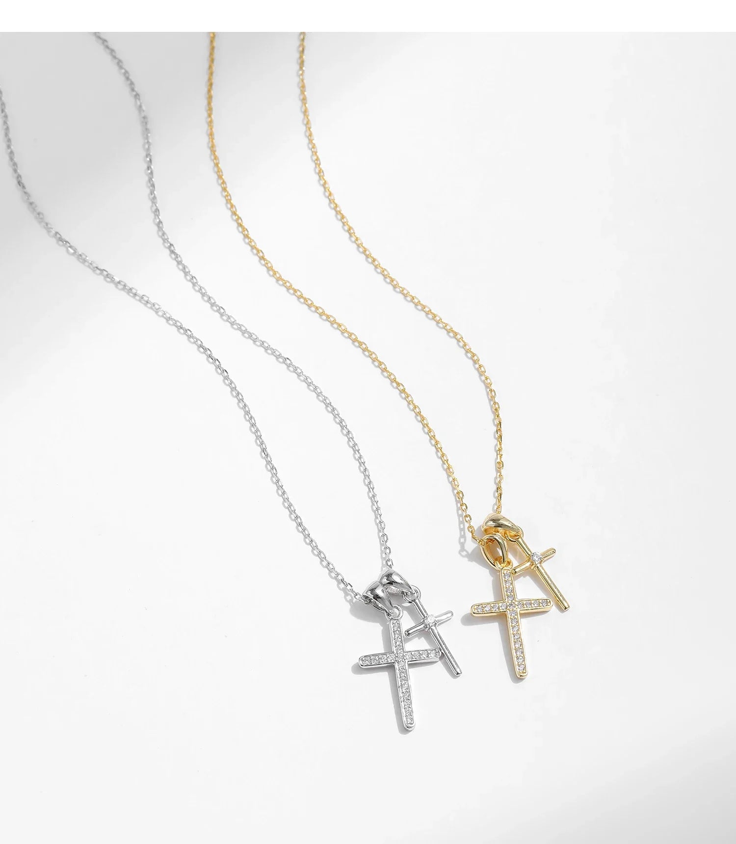 925 Sterling Silver Classic Delicate Double Cross Zircon Link Chain Pendant Necklace For Women Fine Jewelry Gifts