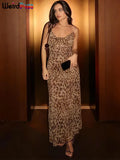 Leopard Print Dress Woman Summer Sexy Swing Collar Spaghetti Straps Backless Ruffles Party Clubwear Skinny Vestidos