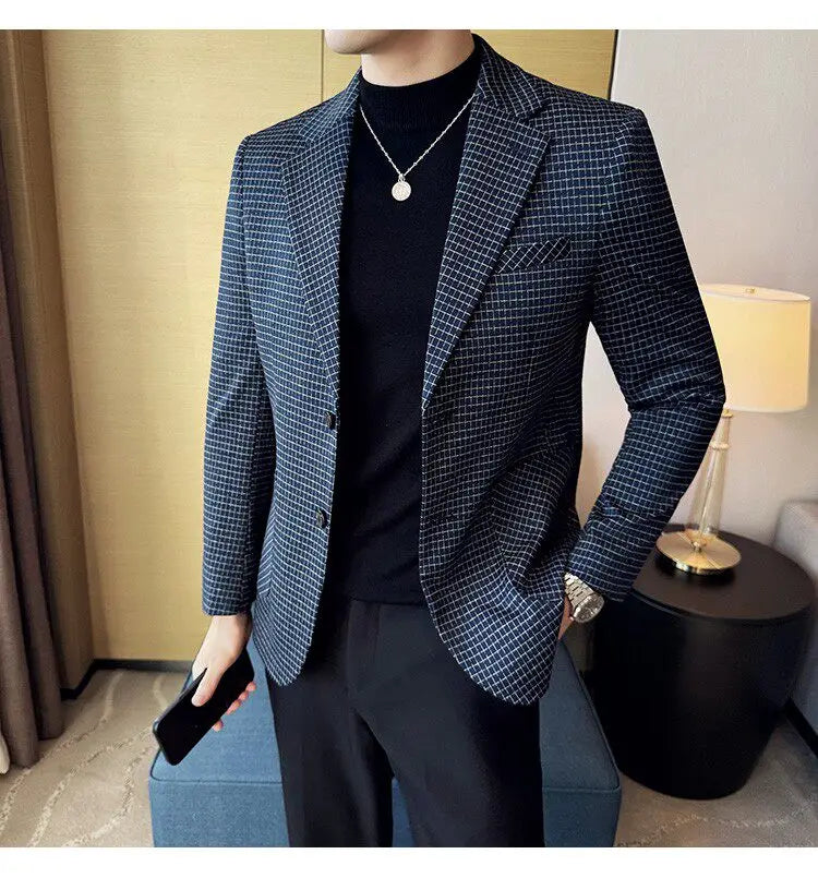 Men's Elegant Grid Suit Jacket 2026 Spring New Fashion Slim Blazer Jackets Social Prom Dress Jacket Men's High Quality Clothing