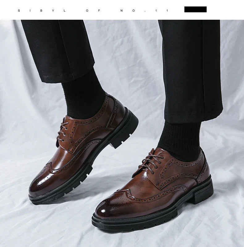 Men's Leather Brogue Oxford Dress Shoes Formal Business Handmade Classic 2026 Brown Black Chaussure Homme