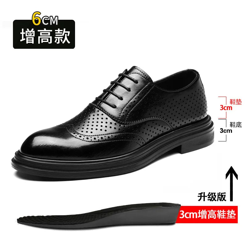 Spring Summer Hallow Leather Shoes for Men 3 6 8cm Increase Fashion Dress Shoes Male Black Business Casual Shoes Man