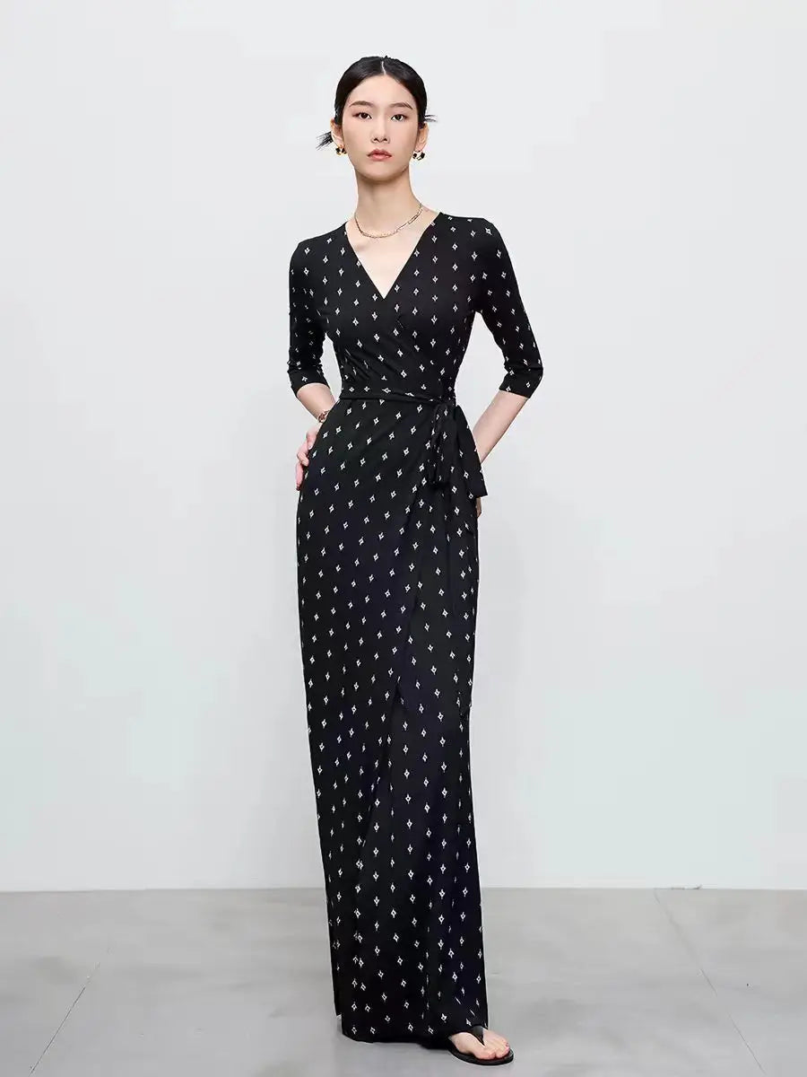 High End Half Sleeved Floral Long Dress For Women, 2026 Spring/Summer One-Piece Lace Up Lazy And Relaxed Vacation Dress