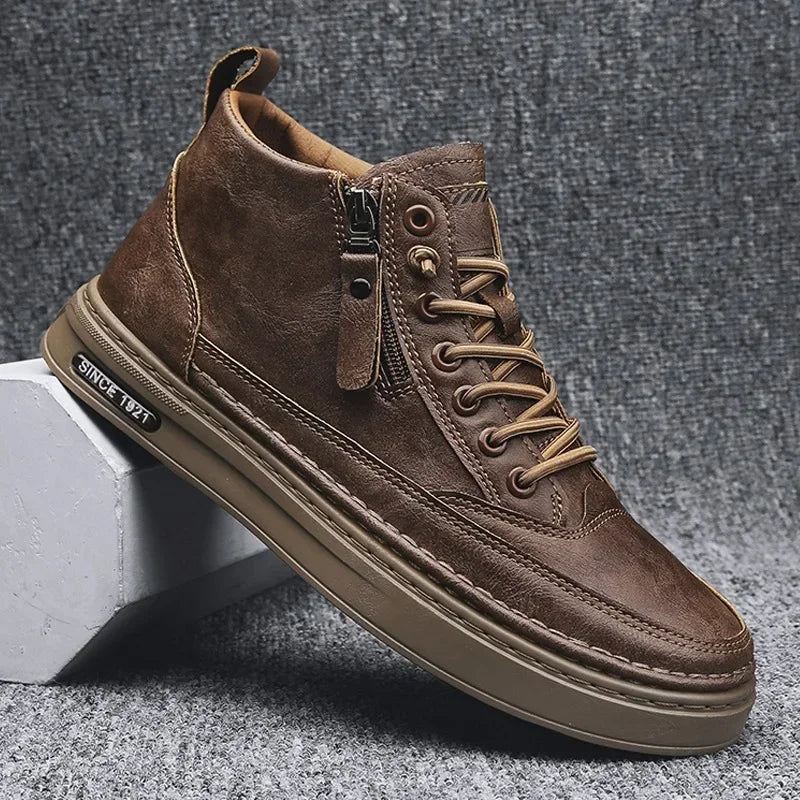 Leather Boots Men Spring High Casual Shoes for Men Trend Zipper Walk Flats Winter Shoes Vulcanized Ankle Boots New Zapatillas552
