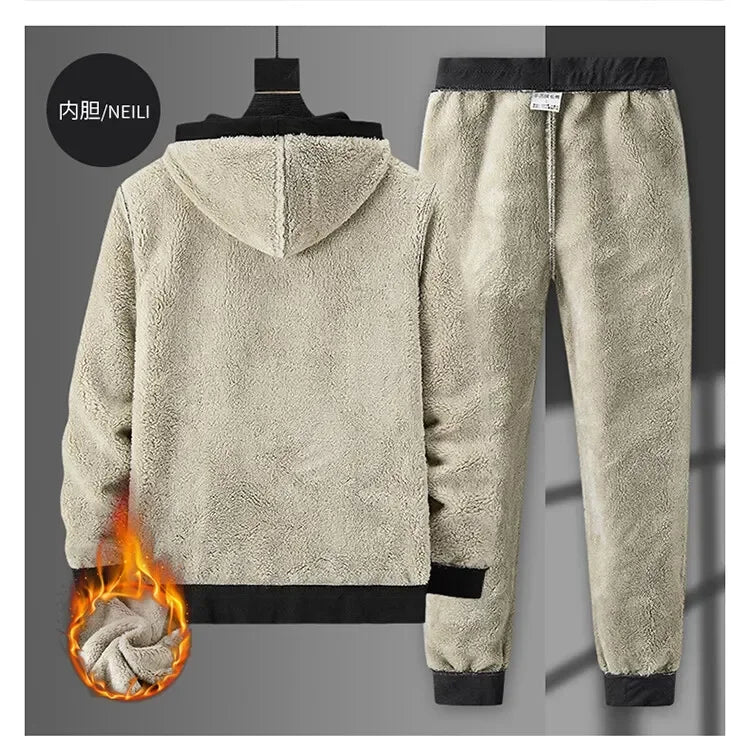 Men's Sets Jacket + pant Warm Fur Winter Sweatshirt Cashmere Tracksuit Men's Sets Fleece Thick Hooded Brand Casual Track Suits