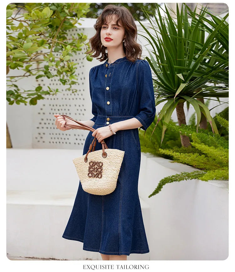 Women Denim Dress Retro Style Casual 2024 Spring Round Neck Three-quarter Sleeve Slim Fit A-line Fishtail Dress