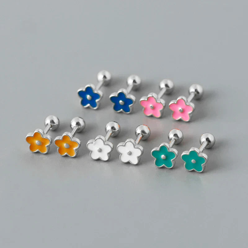 925 Sterling Silver Romantic White Enamel Flower Screw Bead Stud Earrings for Women Fashion Simple Piercing Jewelry Gift