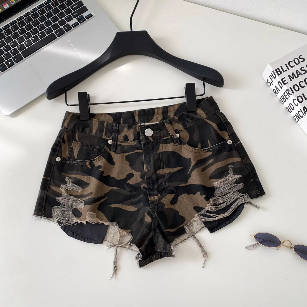 SINGREINY American Retro Camouflage Mini Shorts 2026 Ladies Hollow Out Slim Beach Pants Hot Girl Sexy Print Denim Shorts