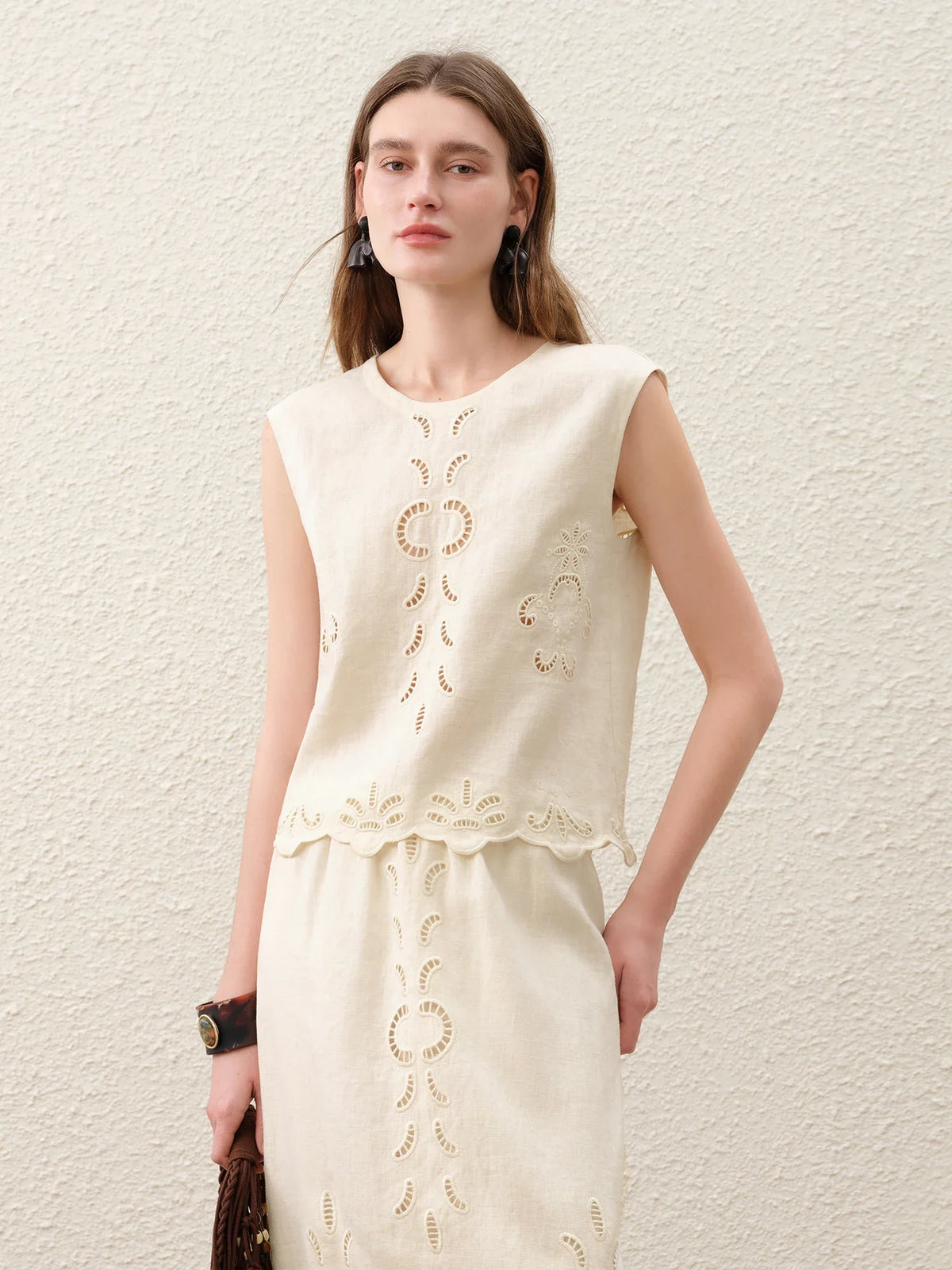 Summer Women Linen Two Piece Set Cut-Out Embroidered Sleeveless Top Midi Skirt Boho Beach Vacation Style
