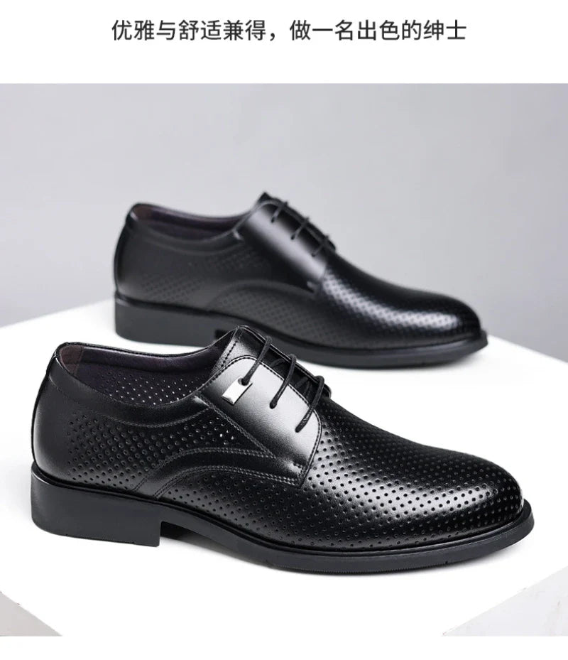Mens Black Genuine Leather Perforated Metal Decor Lace Up Formal Business Office Breathable Summer Shoes Hollow Stylish Simple
