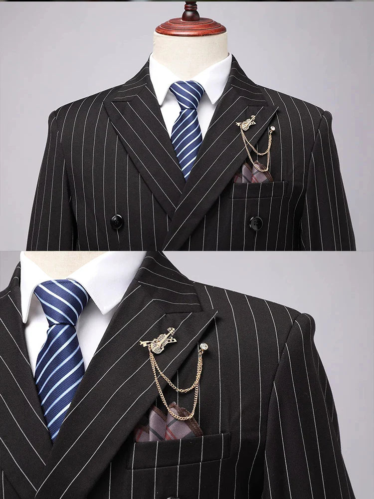 Men's Pinstripe Suit Set Classic Double Breasted Peak Lapel Slim Fit 2 Piece Blazer Pants For Business Formal Wedding