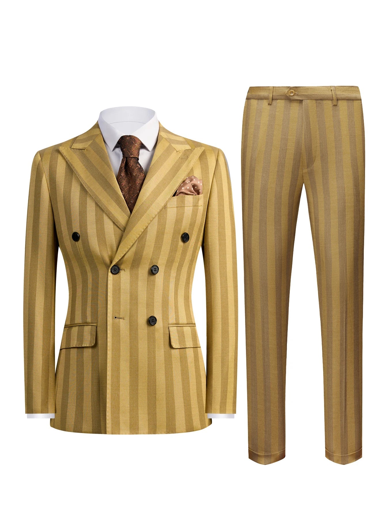 Men's 2-Piece Double Breasted Suit Set - Peak Lapel Striped Tuxedo Jacket & Pants, Formal Business Wedding Prom Attire