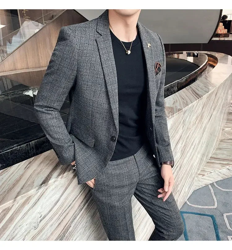 Suit Blazer+Pants Men Fashion Hosts British Style Work Business Wedding Casual Art Style Elegant Gentleman Cotton and Linen Suit