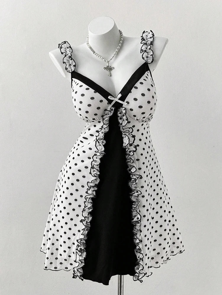 Plus Size Y2K Polka Dot Dress, Ruffle Trim Bow Front Cami Mini Dress, Sexy Sweet Coquette Style Party Dress for Women