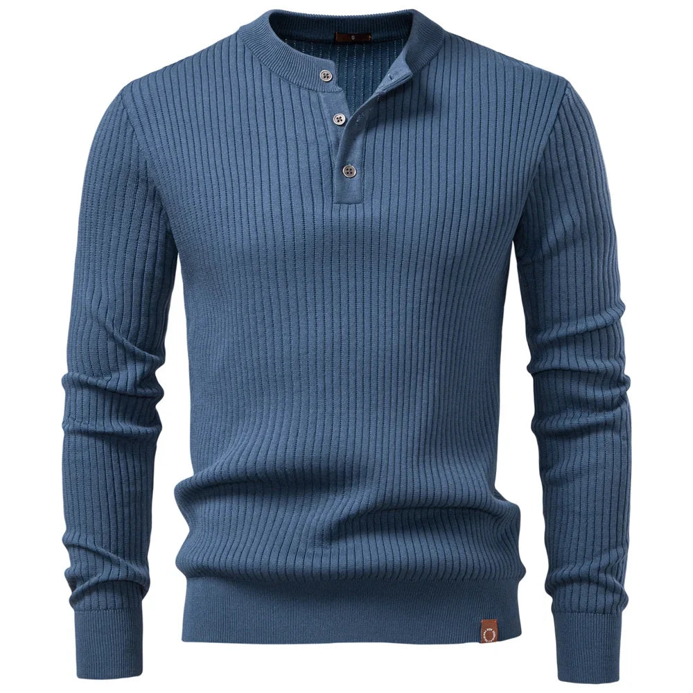 Men's Long Sleeve T-shirt Fall Winter Fashion Knit Slim Fit Polo Sweater Riibed Henry Collar Sweatershirt for Man