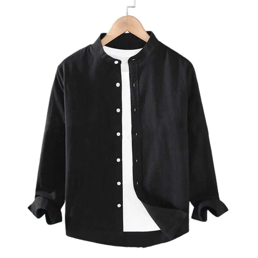 Flax Men Spring And Summer Stand Collar Long Sleeve Fashionable Men's Shirt Cotton Linen Shirt for Men Vintage Vacation Shirts