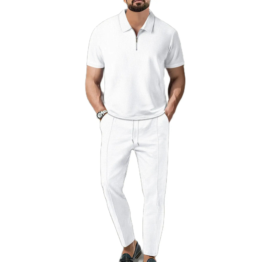 2024 New Trend Men's Sport Suit Autumn New Mens Suits Solid Color Waffle Lapel Short Sleeve Zipper Pants Set for Men