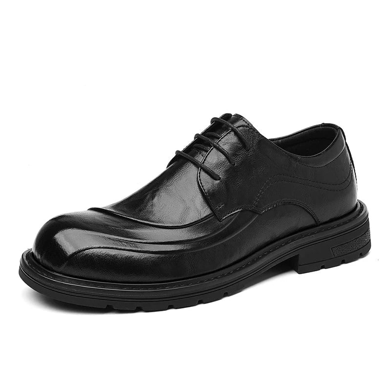 Brown Burnished Genuine Leather Lace Up Chunky Sole Formal Business Office Groom Wedding Daily Wear Shoes Fashion Comfortable