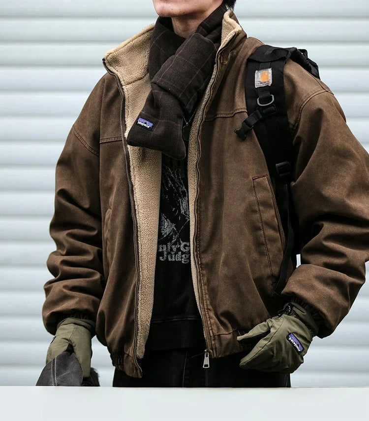 Winter Heavyweight Mens Jacket Japanese Vintage PU Coated Windproof Thick Fleece Lined Warm Distressed Streetwear Long Coat Male