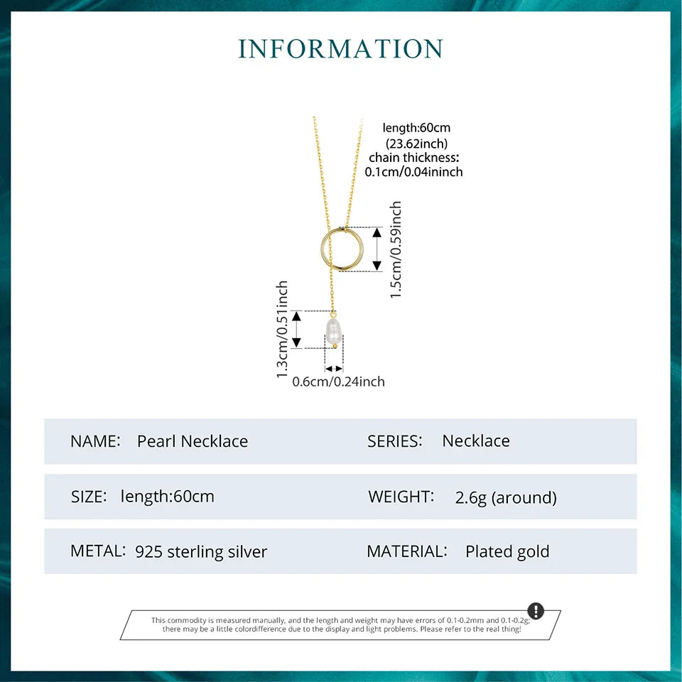 925 Sterling Silver Long Necklace, Gold Plated Y Lariat Long Chain Pearl Drop Necklace Gift for Her BSN427, 23.6"