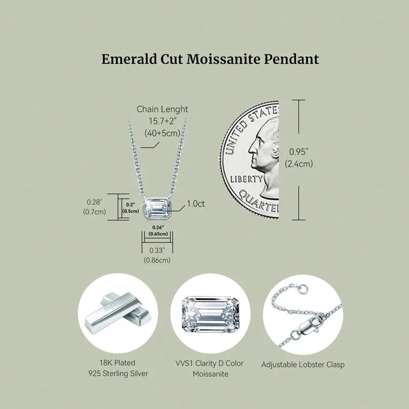 925 Sterling Silver Chains Emerald Cut Moissanite Diamond Pendant Necklace For Women cadena plata 925 original certificada