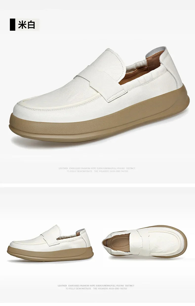 Spring Summer New Genuine Leather Shoes Men Solid Color Fashion Loafers Male Soft Sole Anti-slip Height-increasing Loafers Man